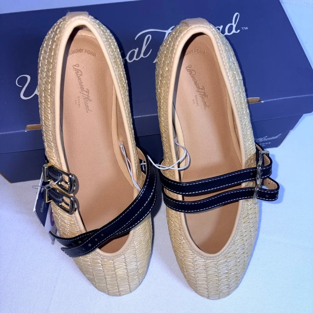 Universal Thread Henrietta Mary Jane 6.5 Tan New Woven Straw Double Buckle Flat